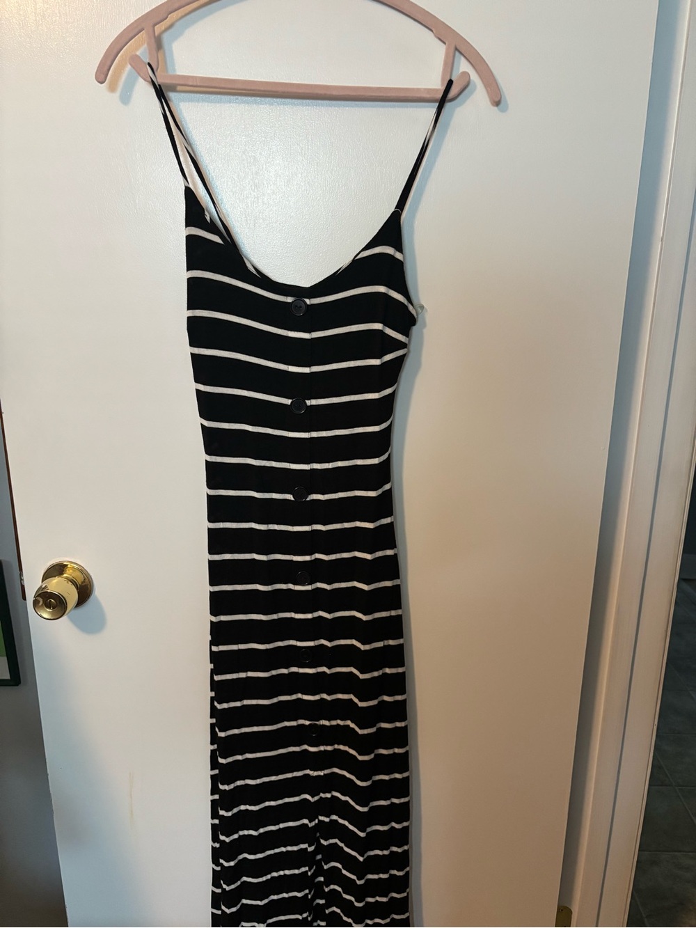 Quiet Luxury Glam Windsor Black and White Split Front Striped Maxi Dress Small